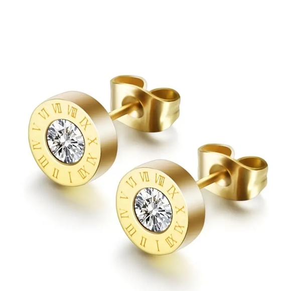 Stainless steel stud earrings, unisex gold-tone earrings with round cubic 10mm - Picture 5 of 9